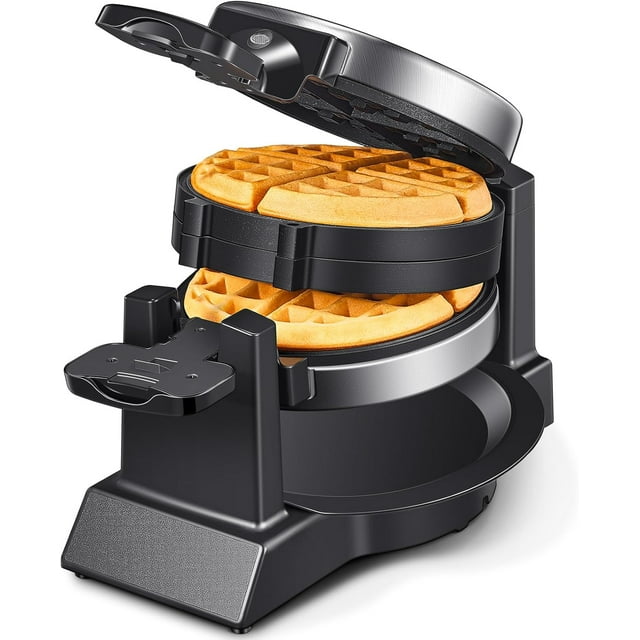 Waffle Maker, Round Classic Belgian Waffle Iron with 180°Rotating Design, Nonstick Plates & Cool Touch Handle, 1080W Fast Heating Waffle Machine, Brushed Stainless, Silver (8 Slices)