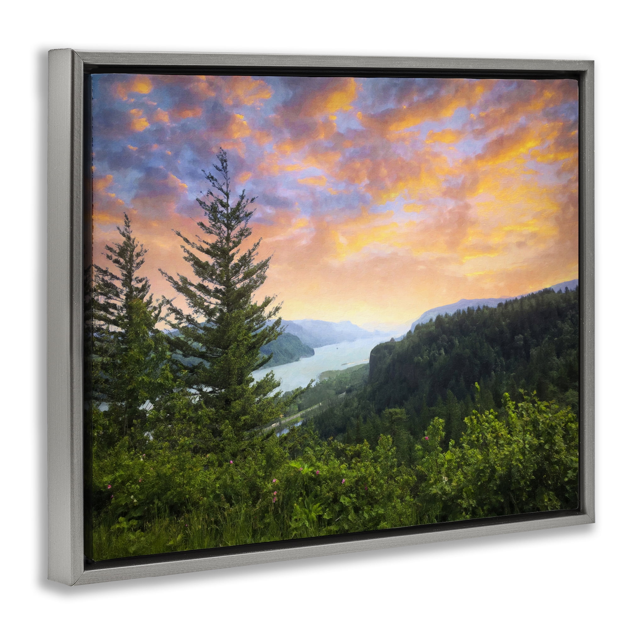 Stupell Industries Scenic Overlook at Sunset Landscape & Nature Painting Gray Floater Framed Canvas Art Print Wall Art, 31 x 25