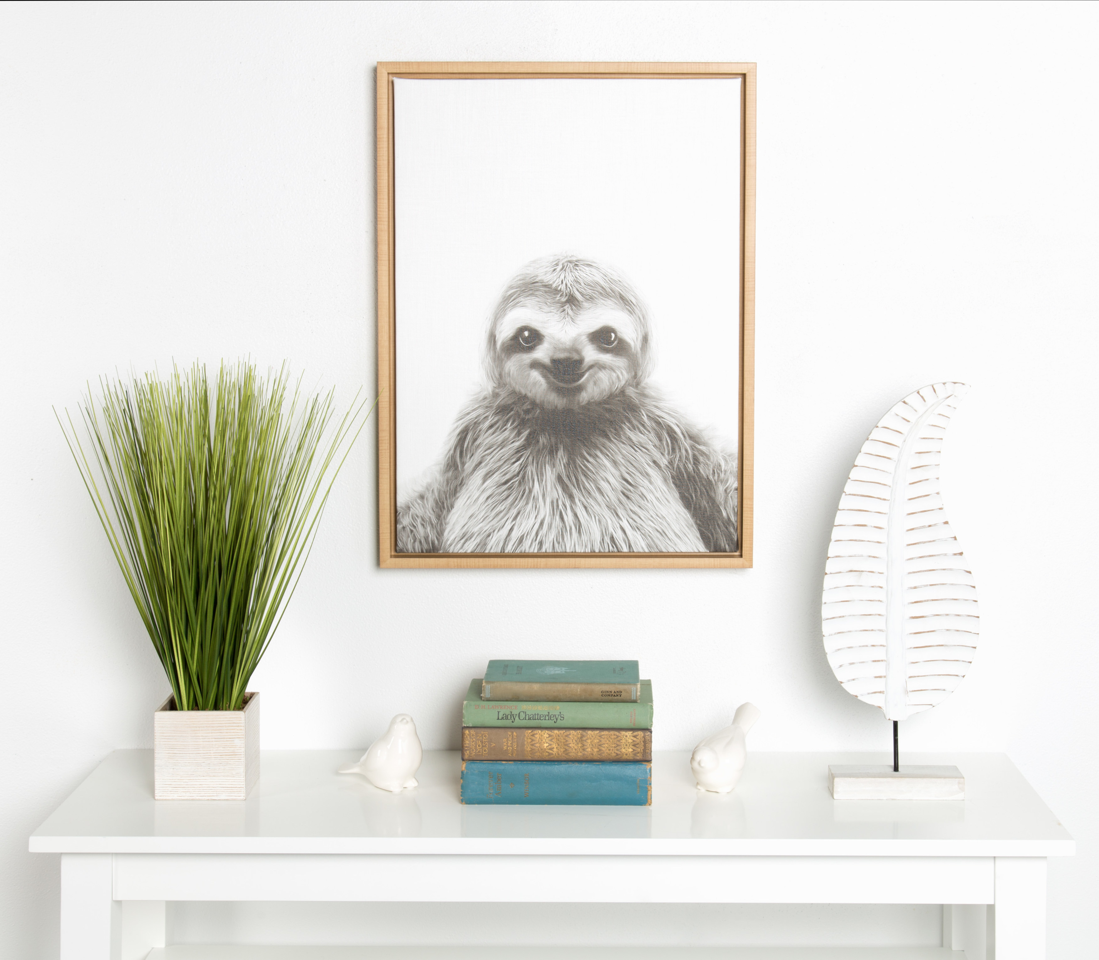 Kate and Laurel Sylvie Sloth Black and White Portrait Framed Canvas Wall Art  by Simon Te Tai, 18x24 Natural