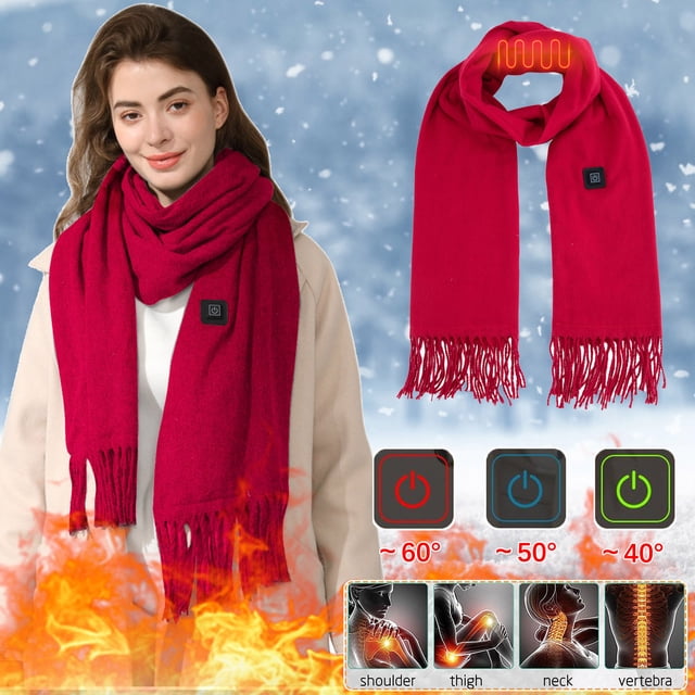 Styesk Heated Scarf USB Smart Rechargeable Heated Scarf 3 Temperature Adjustment Washable Electricity Heated Neck Warmer Solid Color Cold Outdoor Protection Portable Heating Scarf