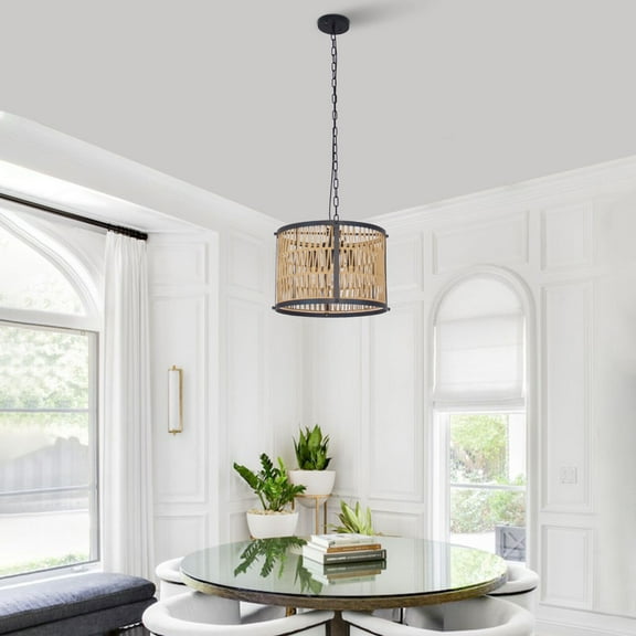 4-Light Farmhouse Rattan Pendant Light E12 Black Chandeliers Light Fixture W/o Bulb for Living Rooms