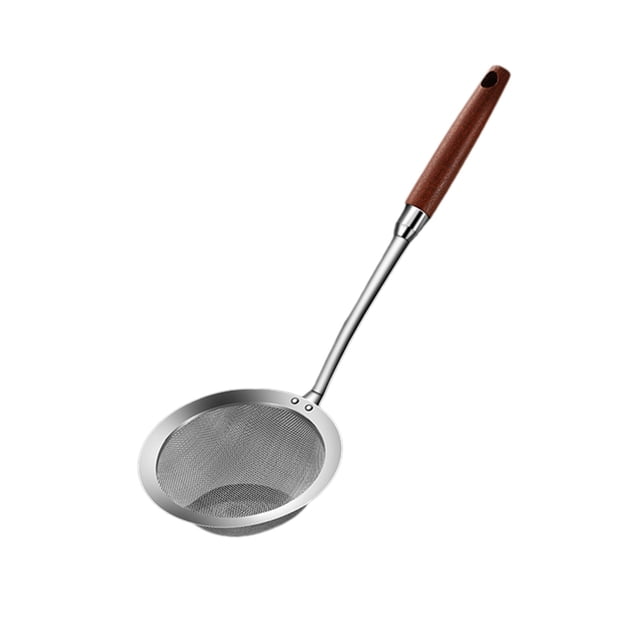 Yhmxh Utensilios de cocina Colador de embudo de acero inoxidable 304 con mango de madera, para recoger restos finos de aceite de pesca, colador de malla para cocina y hogar, cuchara de pesca.