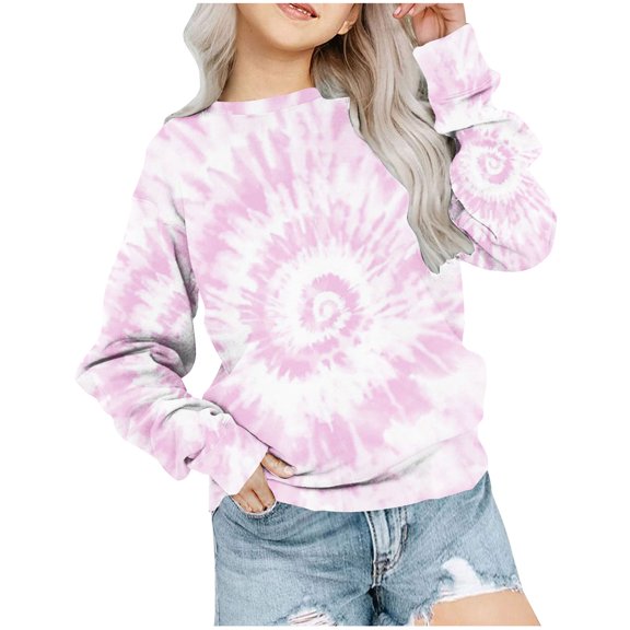 EQWLJWE Girls Tie Dye Sweatshirt Color Block Long Sleeve Crew Neck Oversized T Shirts Kids Spring Loose Pullover Pink for 5-6 Years