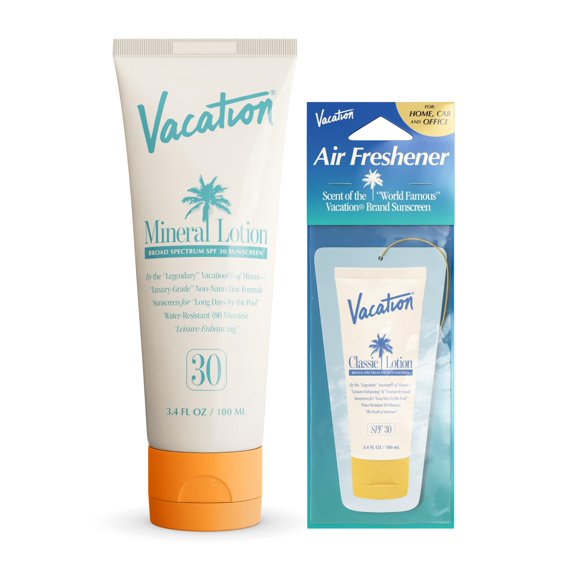 Paquete de loción mineral de vacaciones con protector solar SPF 30 y ambientador Fórmula sin nanoóxido de zinc Sin fundición blanca Resistente al agua Vegano probado por dermatólogos Tamaño de viaje 3