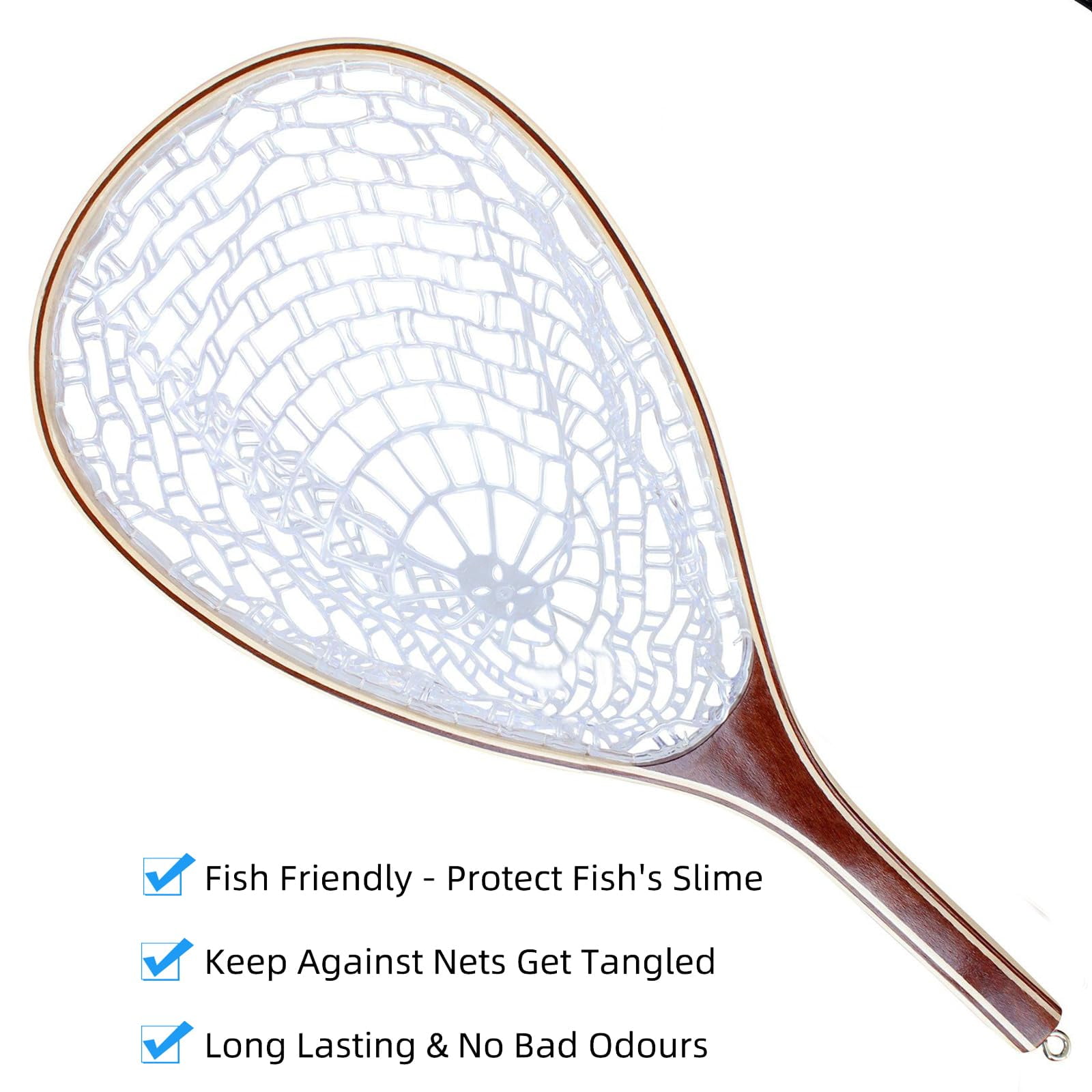 Fly Fishing Landing Net with Wooden Handle – Lightweight Knotless Rubber Mesh Design for Safe Fish Handling, Ideal for Trout, Bass, and Other Freshwater Species in Rivers, Lakes, and Streams