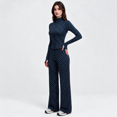 thumbnail image 3 of Girony Women's Polka Dot Workout Outfit Set, Zip Up Stand Collar Jacket & High Waist Flared Pants 2 Piece Yoga Tracksuit, 3 of 8