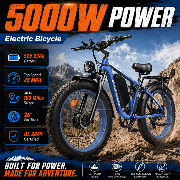 FENGQS Q8PLUS Electric Bike 5000W Dual Motor for Adults,26"x4" Fat Tire E Bicycle,52V/23AH Battery, 45MPH Electric Bicycle,80-100 Miles E Mountain Bike -(Blue) UL2849