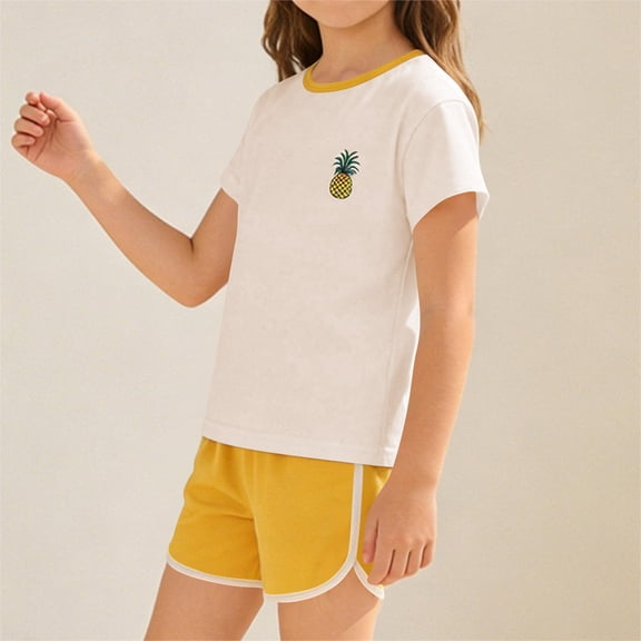 Cethrio Girls Cotton Outfit Sets, Casual Summer 2 Piece Short Sleeve Kids Clothing sets Yellow Size 6