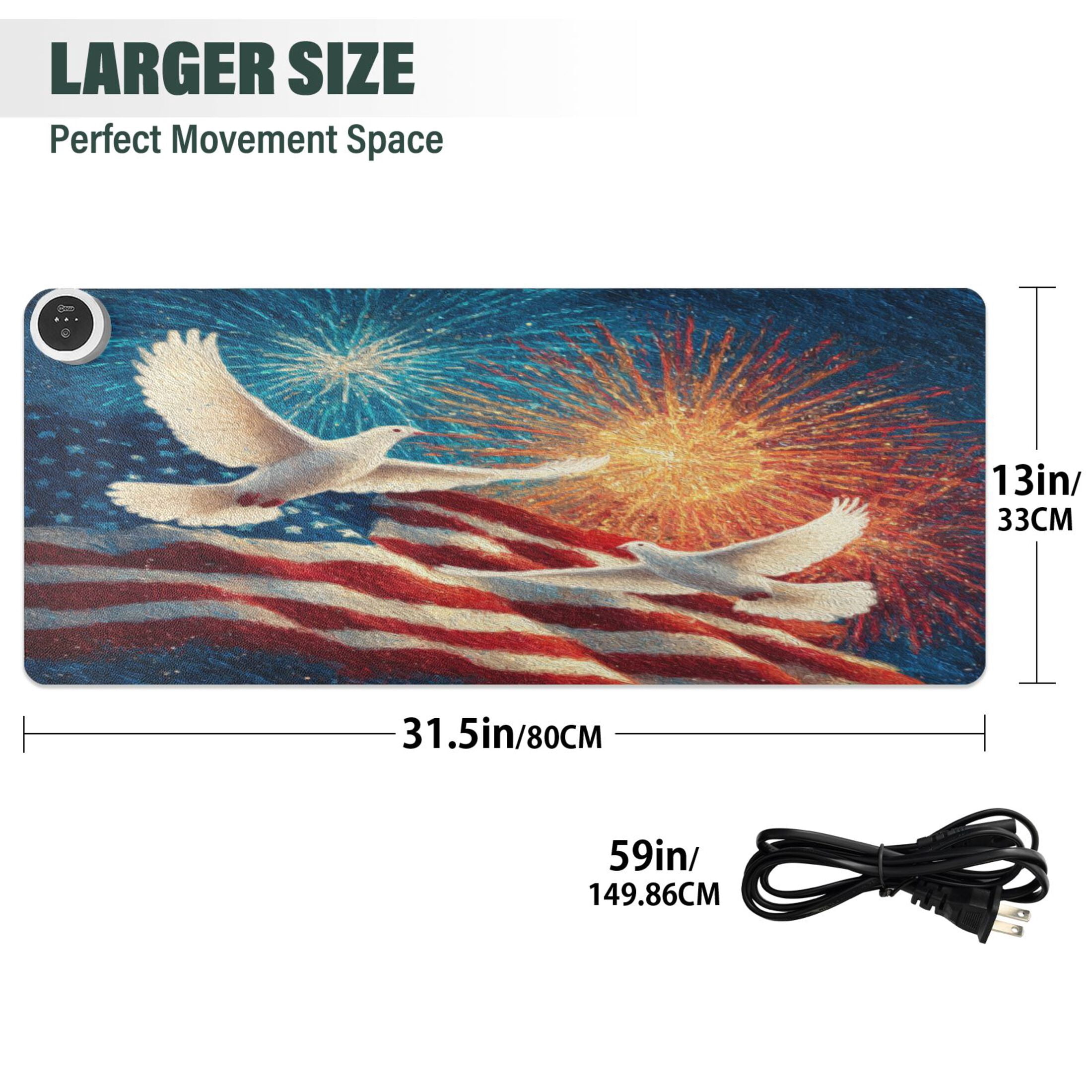 Large Heated Desk Mat Mouse Pad 31.5"x13"PU Leather Graphene Heating Desk Warmer with 3 Temperature Settings 110V US Plug Non-Slip Warm Pad for Home, Office, and Gaming White Dove and American Flag
