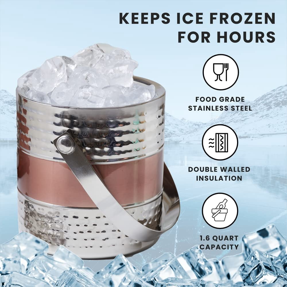 Sol Living Ice Bucket - Double Wall Stainless Steel - Includes Tongs and Lid - Wine & Champagne Holder - For Home, Bars, Commercial Use - Ribbed Finish - Hammered Copper, 1.6 Qt.