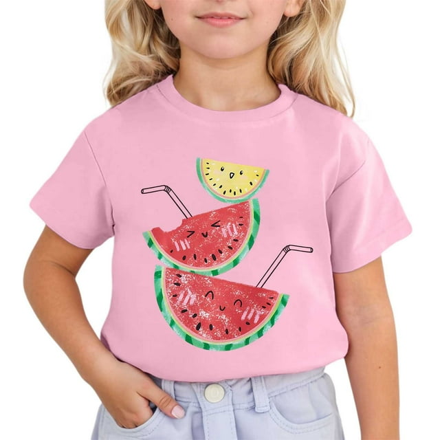 LUOGENLI T-Shirt pour Filles Enfants Mignon Imprimé à Manches Courtes Col Rond T-Shirt Chemises pour Filles Denim 6-7 Ans