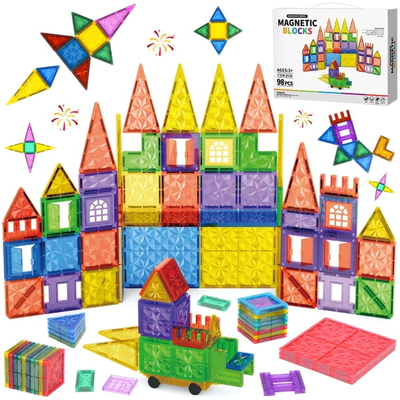 Beefunni 98PCS Magnetic Tiles Set, STEM Building Blocks with Magnetic Car, Creative Construction Toy, Educational Building Playset, Gift Idea