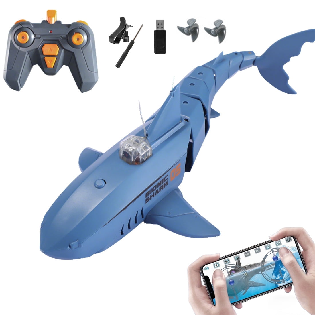Remote Control Shark with HD Underwater Camera, 2.4G & APP Dual Control, 360° Movement, Dual Propellers, Water Swimming Fish, FPV RC Shark Boat for Adults Pool Pond Lakes Outdoor, Blue