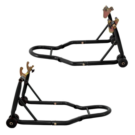 2 Pcs Universal Motorcycle Stands, Front Rear Wheels Lift Combo with U L Adjustable Swingarm Spool, Heavy Duty Paddock Stands for Parking, Maintenance, Cleaning, Black