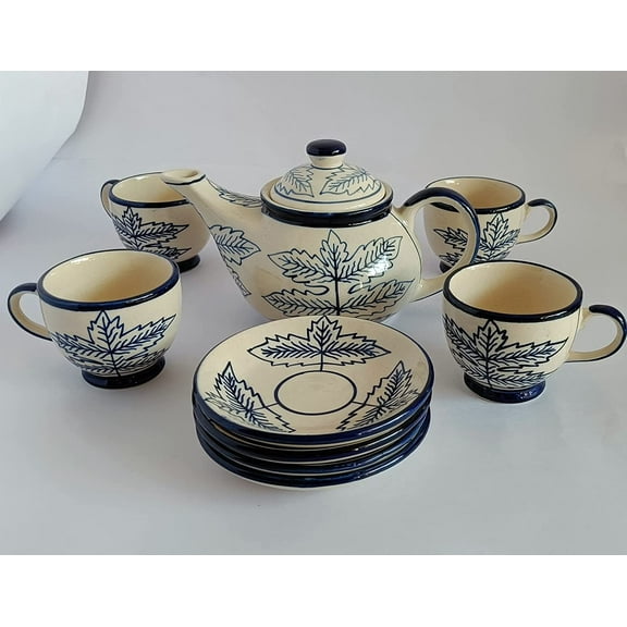 India Meets India Blue Tea Pot Kettle Set 20 Oz 4 cups 4 saucers Handpainted Leaf Design Indian Handicraft Perfect Gift Pack