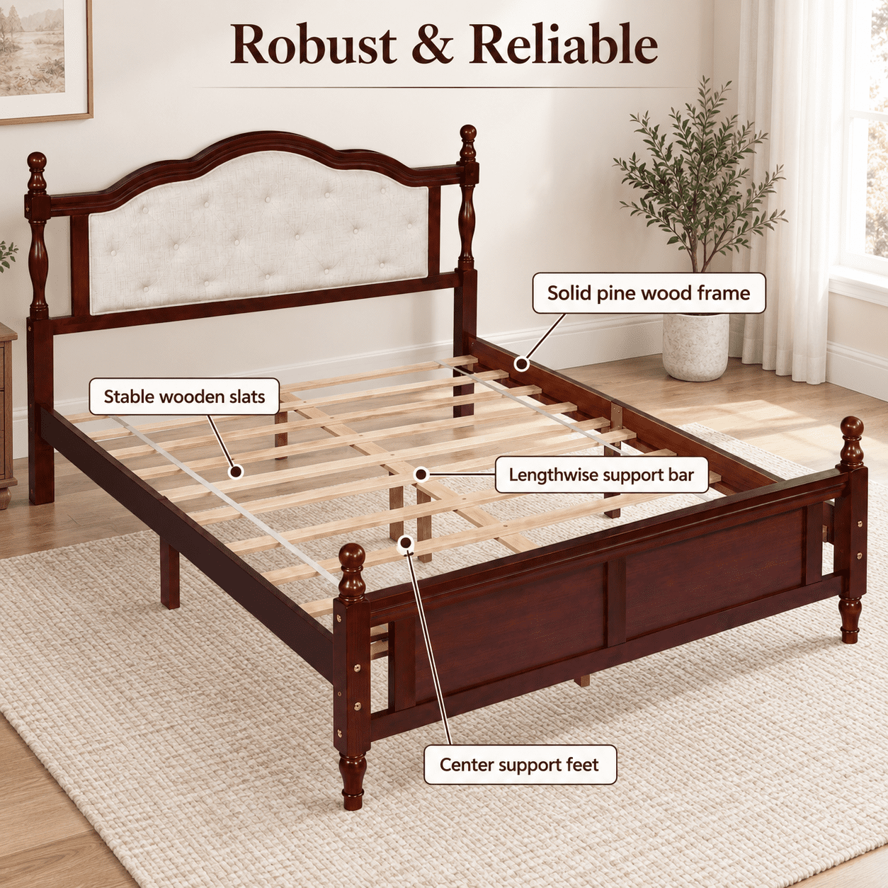 Miniyam Wood Queen Size Bed with Tufted Upholstered Headboard for Adult, Cherry