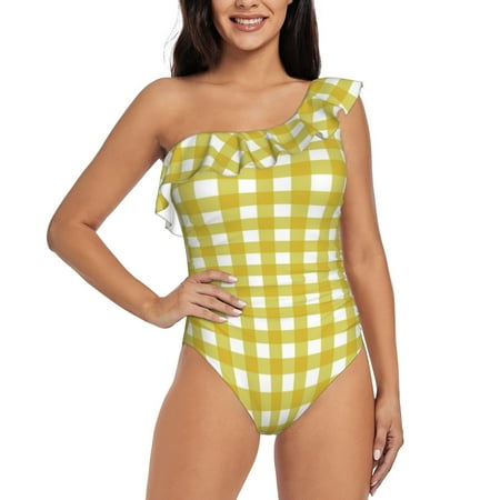 Qokaie Yellow Checkboard Print Women s One Piece Swimsuits Tummy Control Bathing Suits Asymmetric One Shoulder Swimwear-