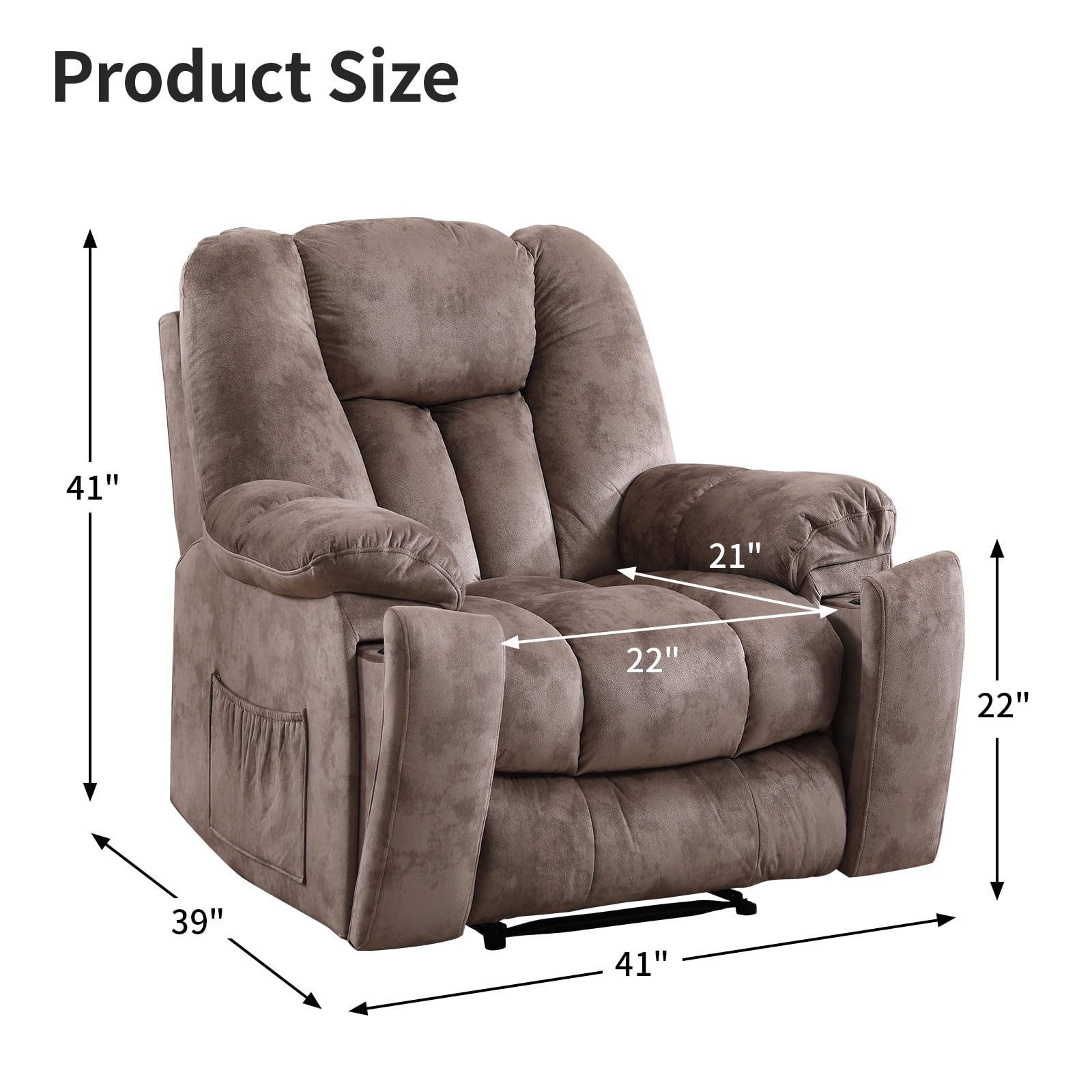 Bonzy Home Manual Recliner Chair with Massage and Heat, Overstuffed Single Reclining Sofa with Hidden Cup Holders and Side Pocket, Brown