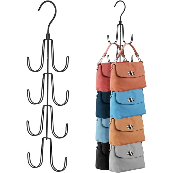 2 Pack Purse Organizer for Closet, Rotatable Purse Hanger Bag Holder, Max 16 Storage Capacity Backpack Rack, Metal Space Saving Hanger, Silver
