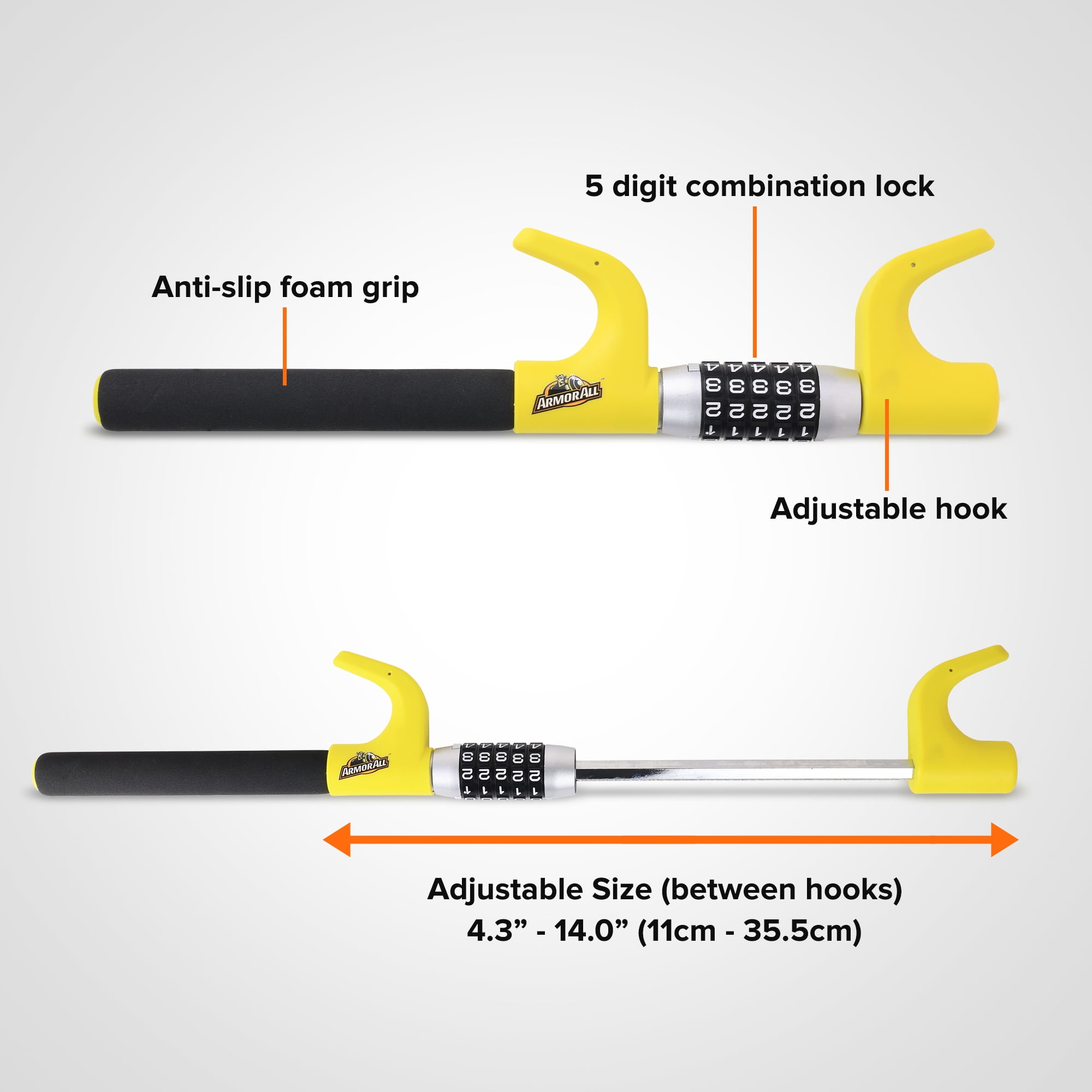 Armor All Combination Steering Wheel Lock, Keyless 5-Digit Anti-Theft Car Security Bar, Universal Fit for Cars, SUVs, Vans & Trucks, Yellow