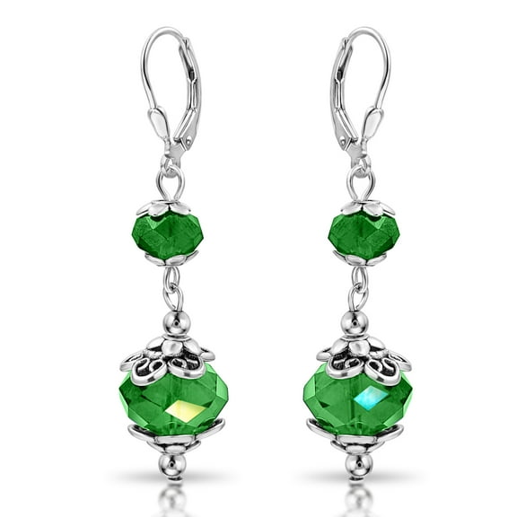 Silvertone Stainless Steel Green Crystal Leverback Dangle Earrings for Women by BESHEEK