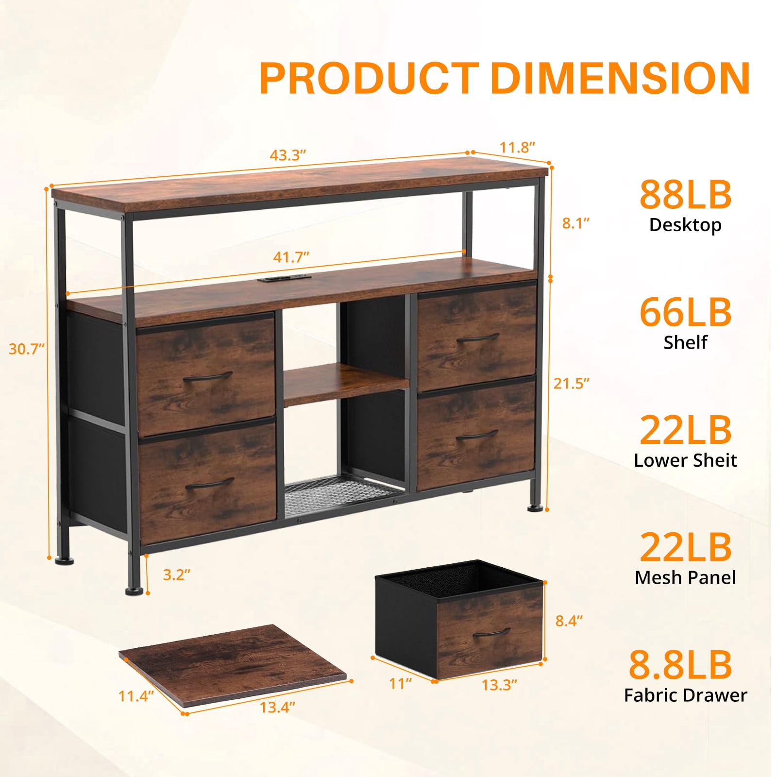 Simenmax TV Stand Dresser, Smart LED TV Stand with Charging Station, 4-Drawer Media Console for Living Room & Bedroom, Fits 50 Inch TV, Adjustable Feet, Brown