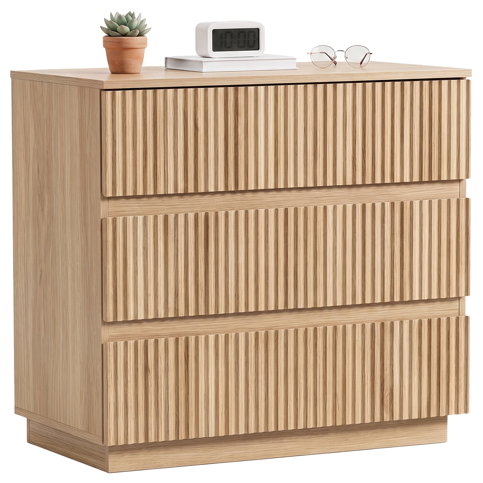 Handleless Grille-Finished 3-Drawer Bedside Table, P2 Particleboard + MDF & Melamine Veneer + Thermoformed Drawer Cabinet 23.62*12.99*22.05in Oak