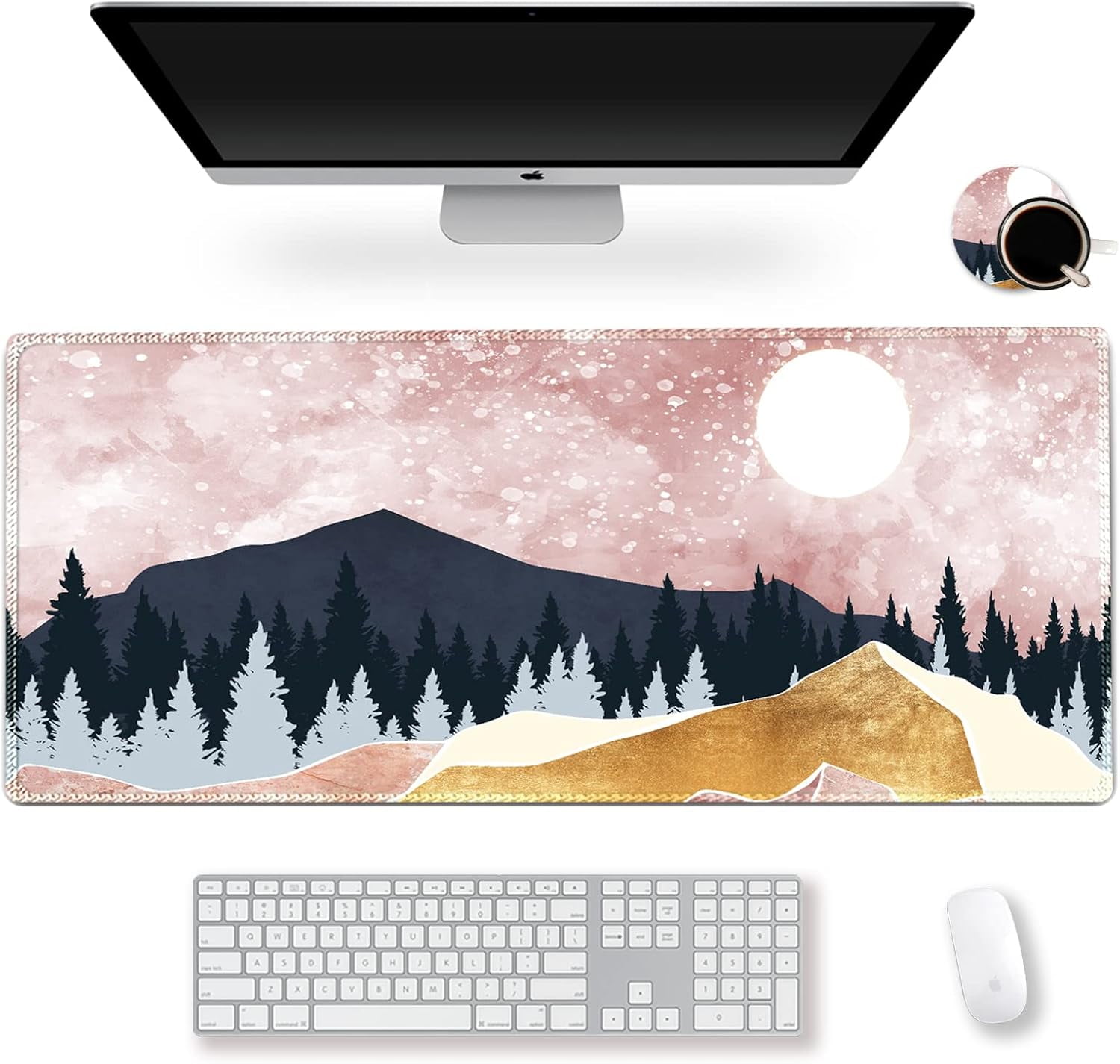 Large Gaming Mouse Pad with Stitched Edges, XXL Extended Keyboard Mat Long Mousepad Desk Decor Writing Pad 35.1x15.7 in, Non-Slip Base for Work, Game, Office, Home, Pink Abstract Mountain