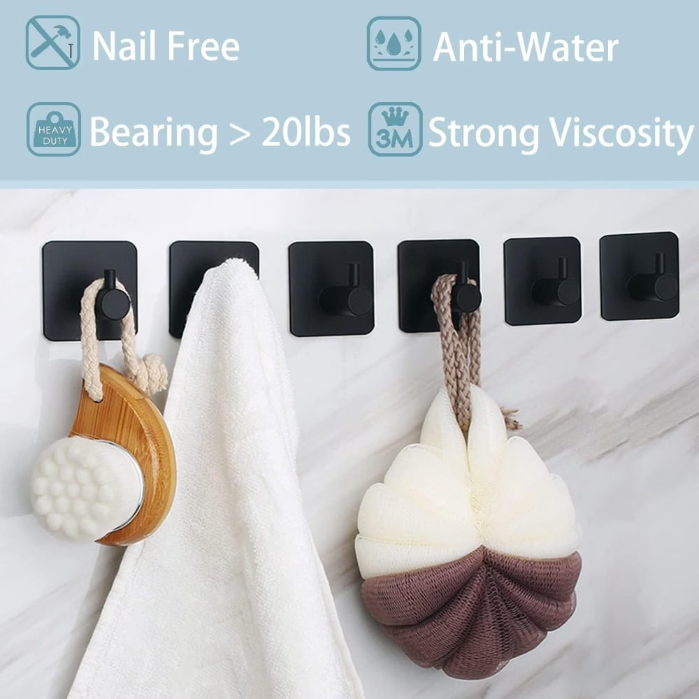 Hent 6-Pack Self-Adhesive Hooks — Featuring Strong Adhesive Backing, Ideal for Hanging on Walls and Behind Doors; Black Adhesive Hooks Designed Specifically for Bathrooms (Towel Hooks), Kitchens, and
