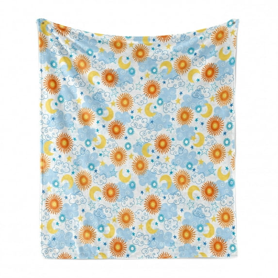 Space Soft Flannel Fleece Blanket, Graphic Tile with Clouds Suns Stars and Moons Swirled Celestial Sky Elements Artwork, Cozy Plush for Indoor and Outdoor Use, 60" x 80", Multicolor, by Ambesonne