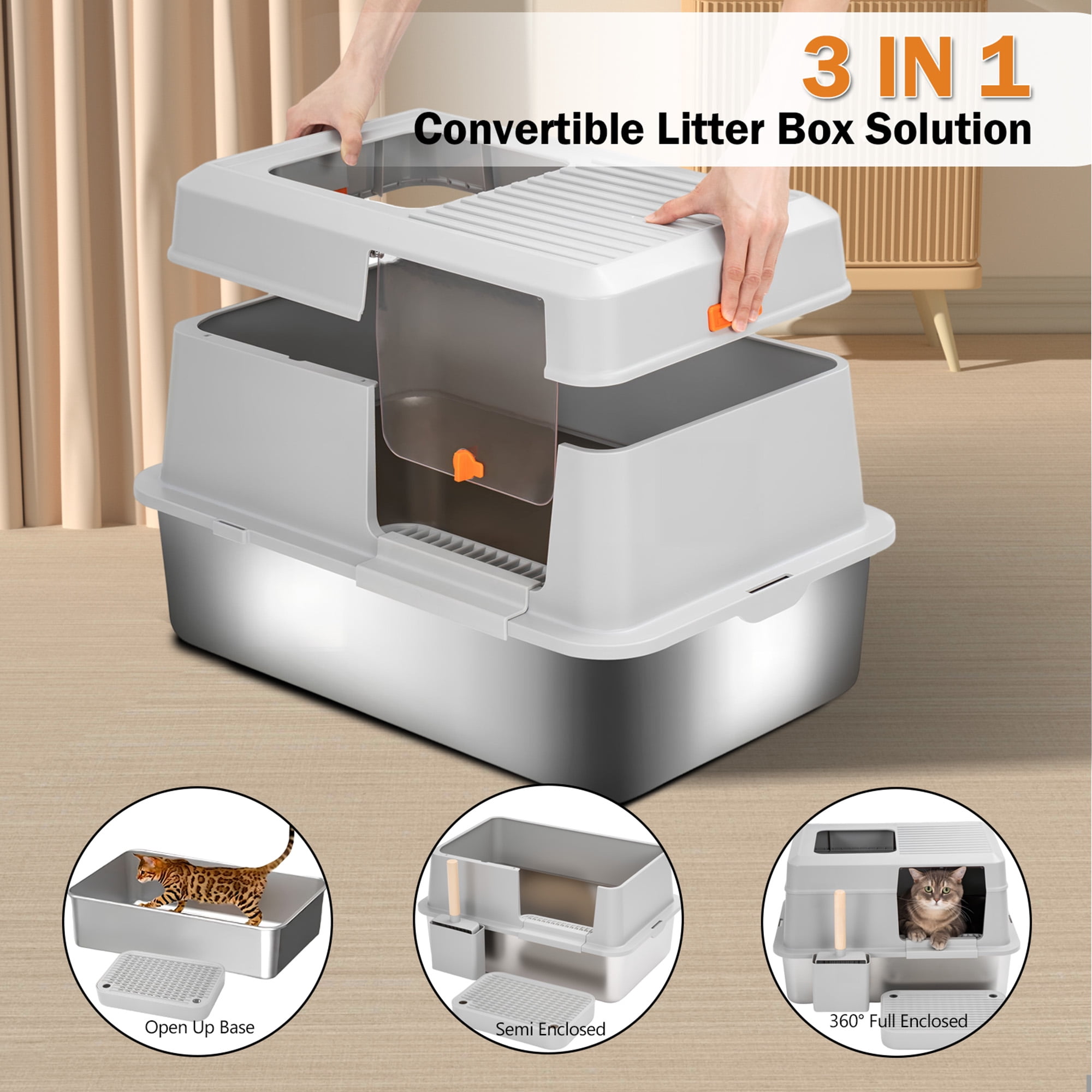 Furrbby Covered Cat Litter Boxes, Large High Side Stainless Litter Box Grey