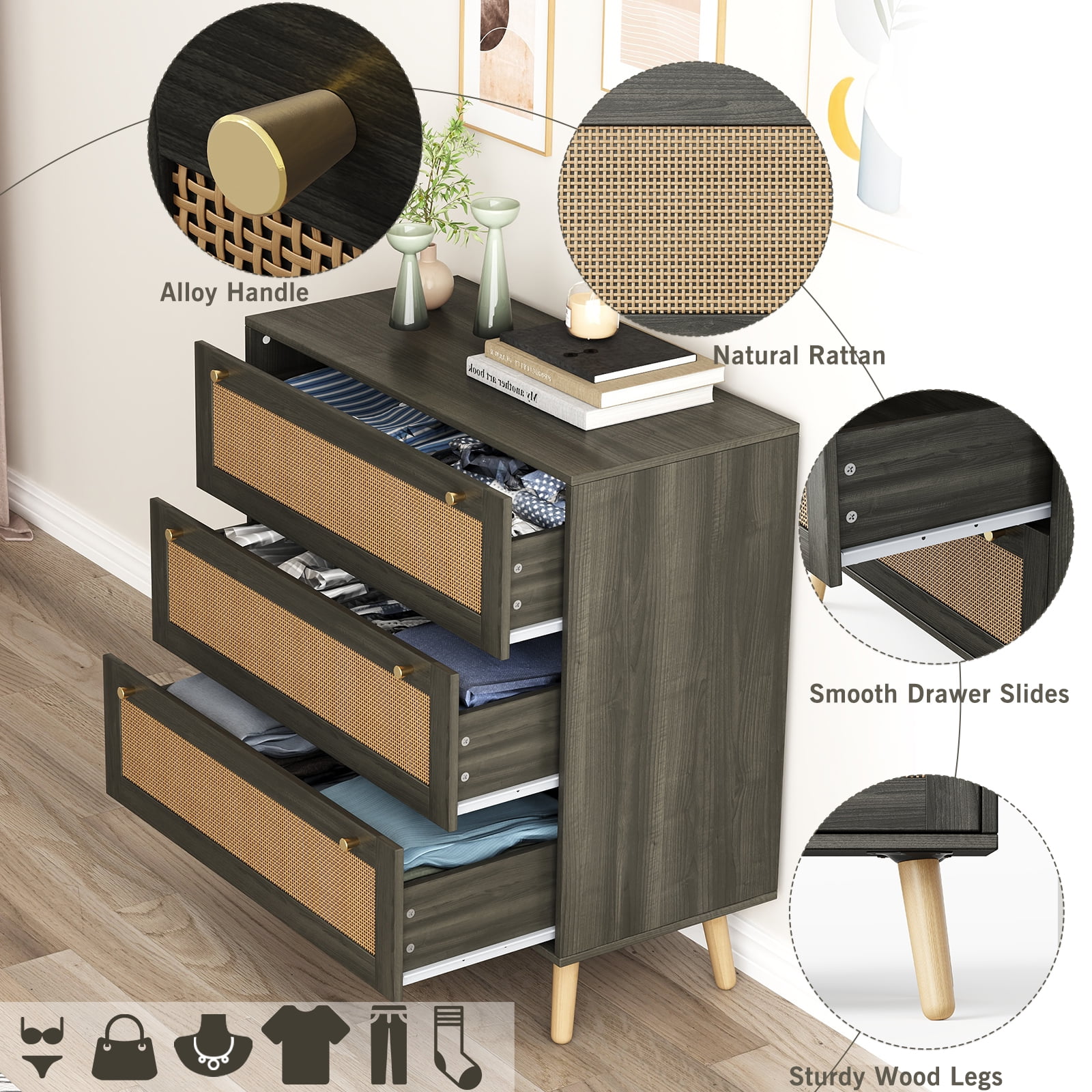 Dresser for Bedroom, 36'' Rattan Modern Chest of Drawers, 3 Drawer Storage Dresser, Closet Dressers with Golden Handles, Farmhouse Nightstand for Hallway, Living Room, Entryway