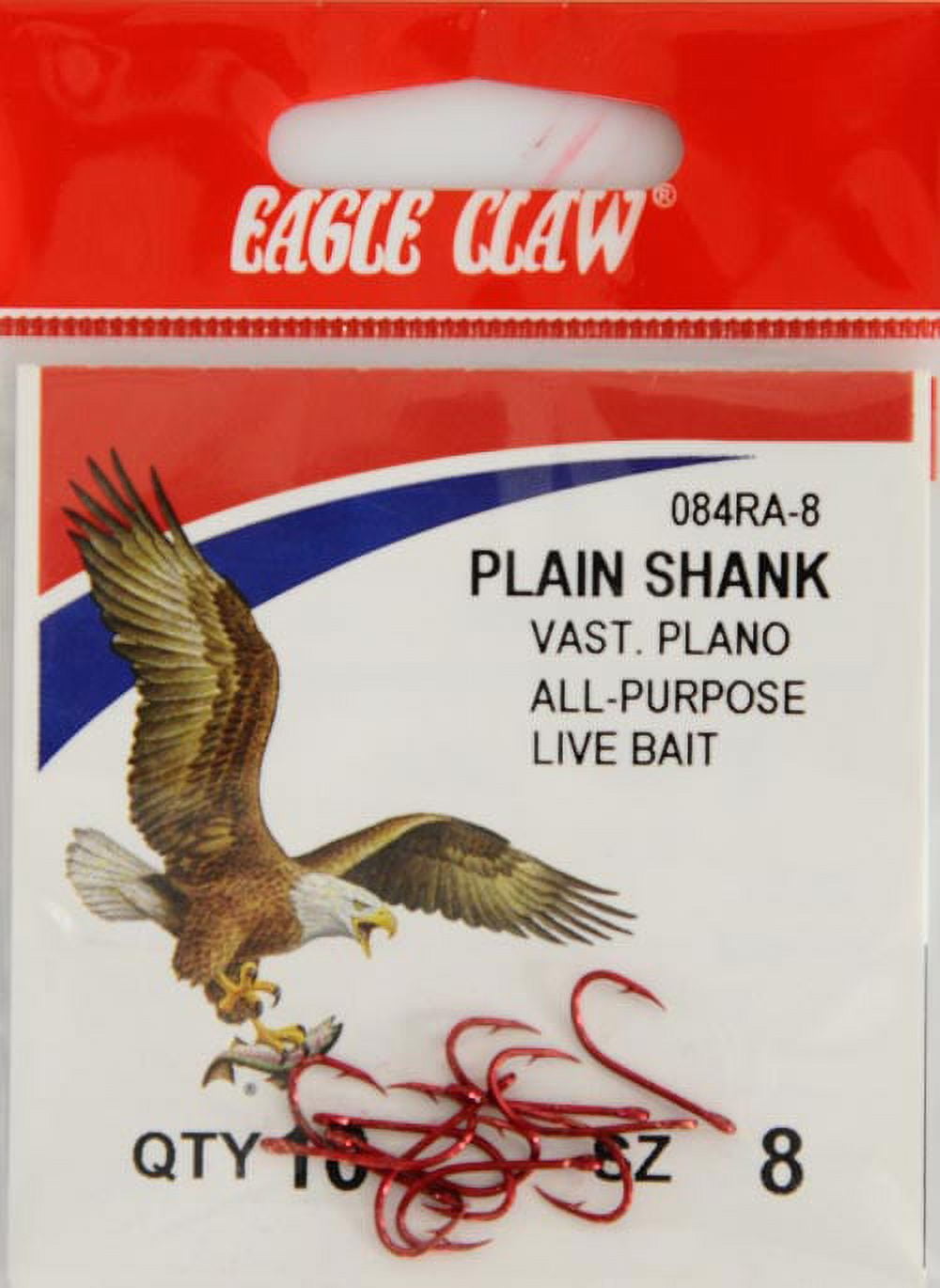 Eagle Claw 084RAH-8 Plain Shank Offset Hook, Red, Size 8, 10 Pack
