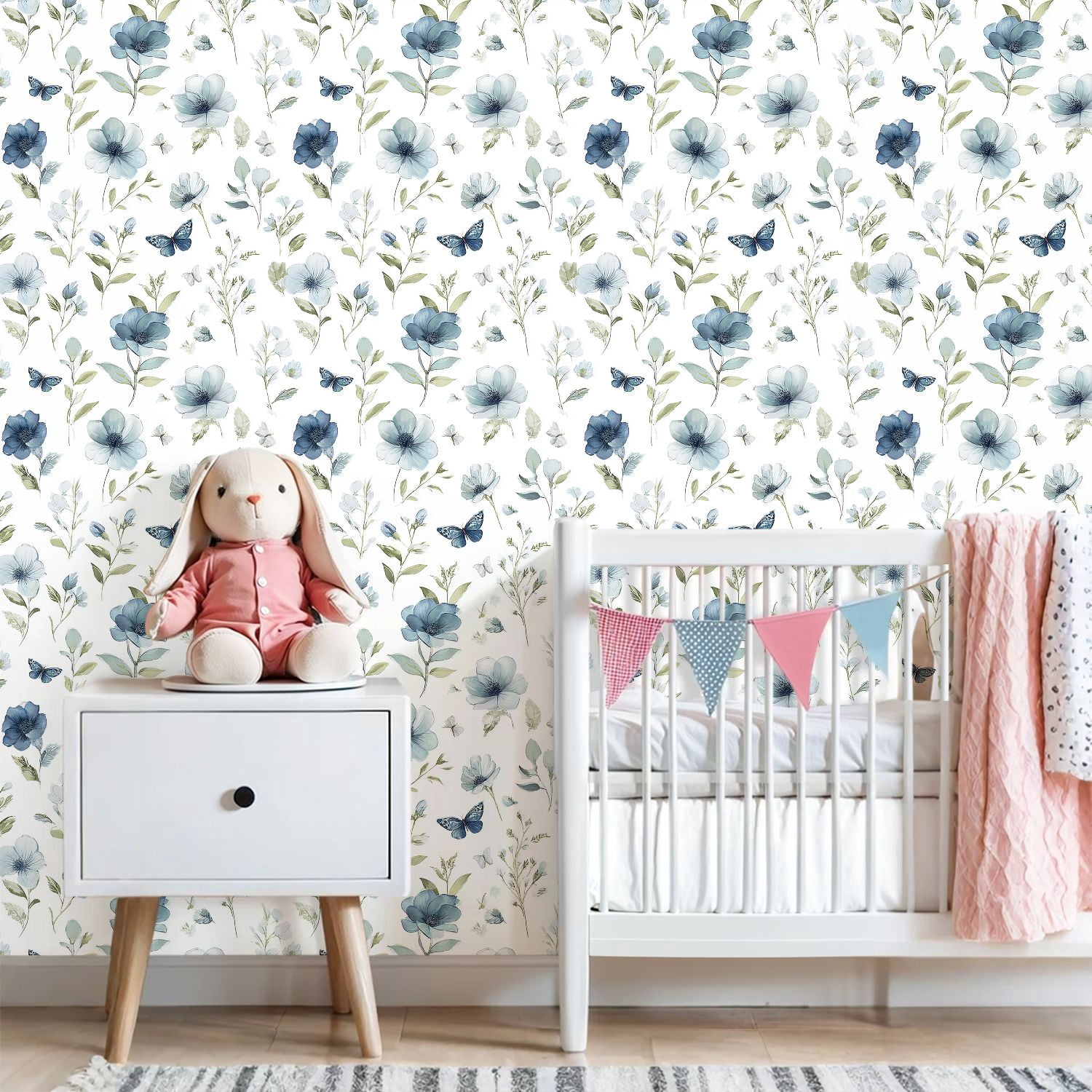Peel and Stick Wallpaper Soft Blue Floral Butterflies Leaves Botanical Summer Wall Mural 23.6in x 9.8ft Self Adhesive Removable Wall Paper Renter Friendly Wallpaper for Nursery Bedroom Cabinets
