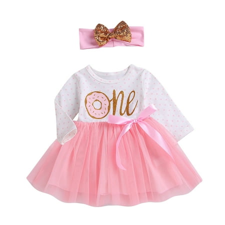 

TAIAOJING Toddler Baby Girl Clothes Long Sleeve Polka Dot Striped Patchwork Tulle Dress Princess Dress With Headbands Birthday Set 2PCS Outfits For Girl 18-24 Months