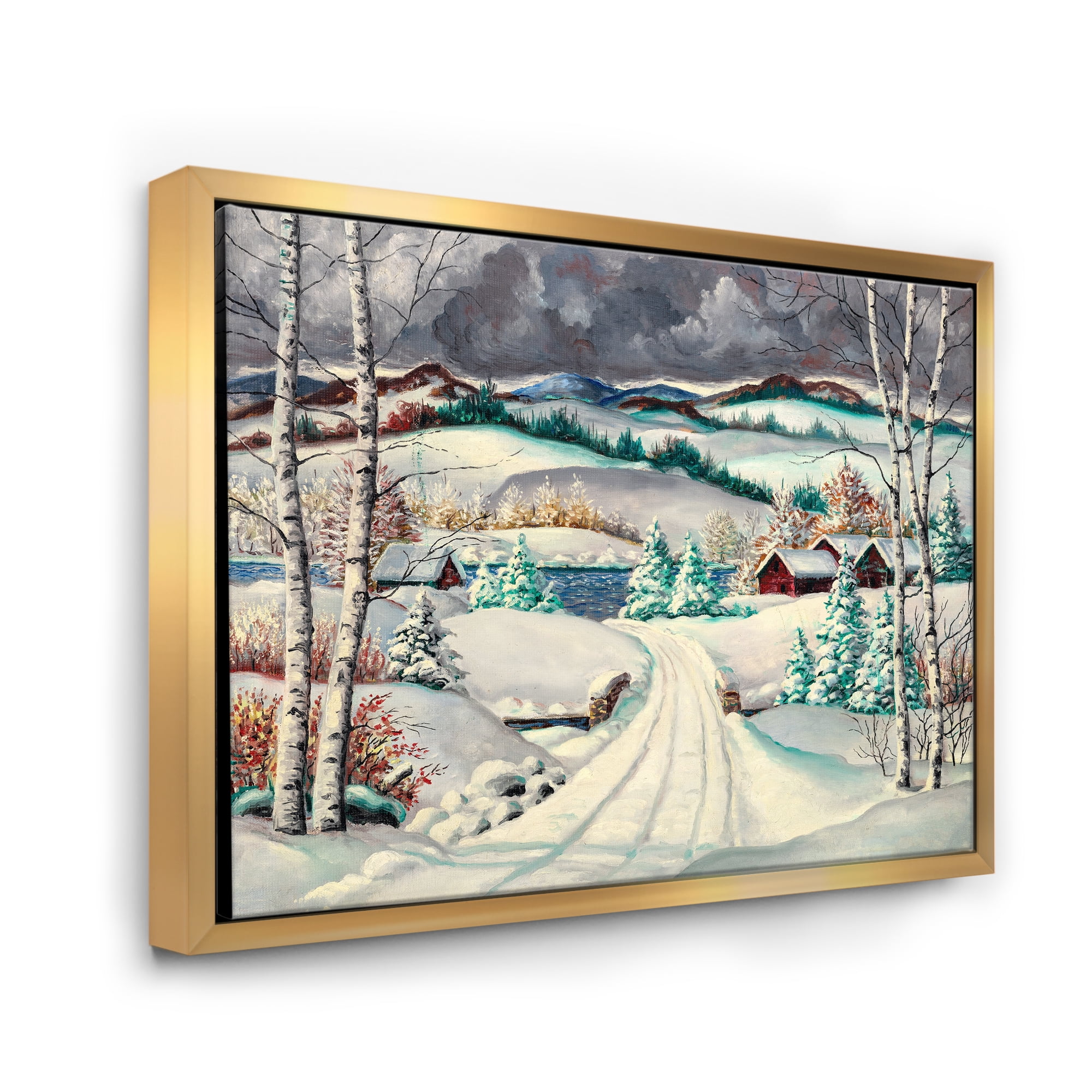 Designart 'Snowy Road In Countryside Winter Landscape' Traditional Framed Canvas Wall Art Print