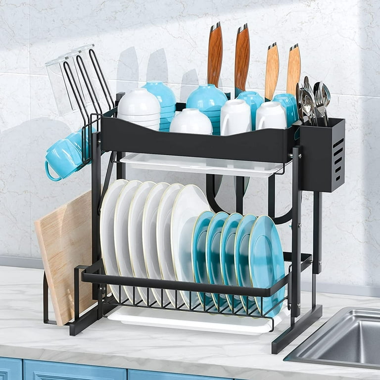 Dish Drying Rack for Kitchen Counter - 2 Tier Large Dish Rack with  Drainboard, Rustproof Dish Drainer with Utensil Holder for Sink, Black