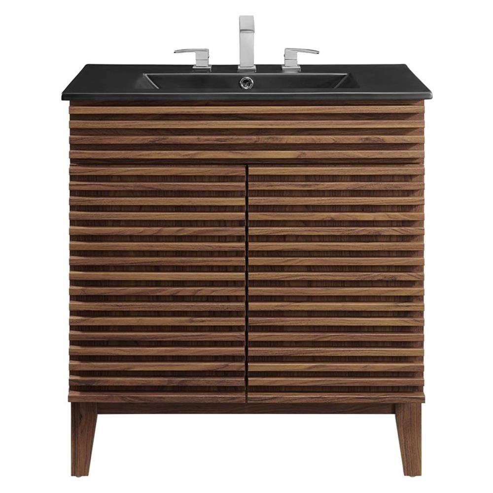 Pemberley Row Wood and Ceramic Walnut and Black Bathroom Vanity Rectangular Adjustable Shelf 30" Unassembled