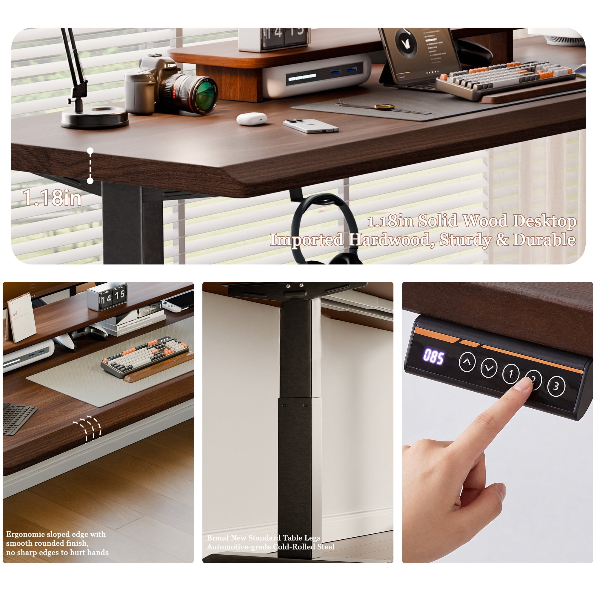 Solid Rubberwood Electric Standing Desk with Single Motor, Height-Adjustable Sit Stand Desk and Ergonomic Workstation for Home Office, Walnut