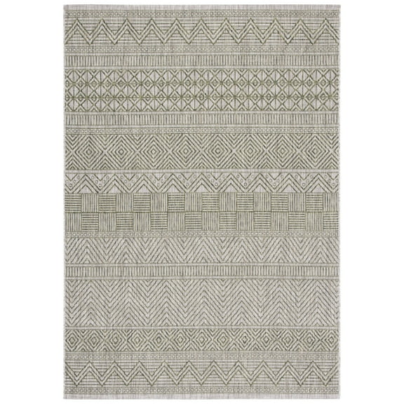 SAFAVIEH Courtyard Altan Geometric Indoor/Outdoor Area Rug, Grey/Olive Green, 6'7" x 6'7" Round