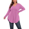 thumbnail image 4 of PINKSIR Plus Size Henley Shirts for Women V Neck Button Long Sleeve Flowy Tunic Tops Curved Hem Fall Red Bean Paste 4X, 4 of 8
