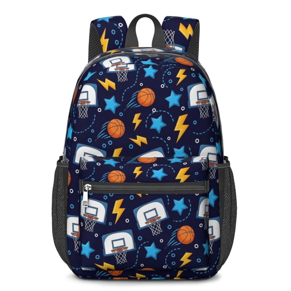 Basketball and Star Navy Pattern 17" Waterproof Oxford School Backpacks for Teens, S-Shape Padded Straps, for School, Travel, Hiking, Camping