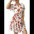 thumbnail image 3 of Vestidos de Verano para Mujer, con Estampado Floral, Escote en V y Volantes, Estilo Informal de , Vestido Fluido y Cruzado para Rojo Ladrillo S, 3 of 8