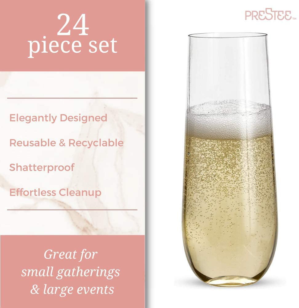 N9R 12 Pack Plastic Champagne Flutes, 9 oz Stemless Disposable Gold Rim Toasting Glasses, Crystal Clear Cocktail Cups Drinkware Shatterproof Ideal