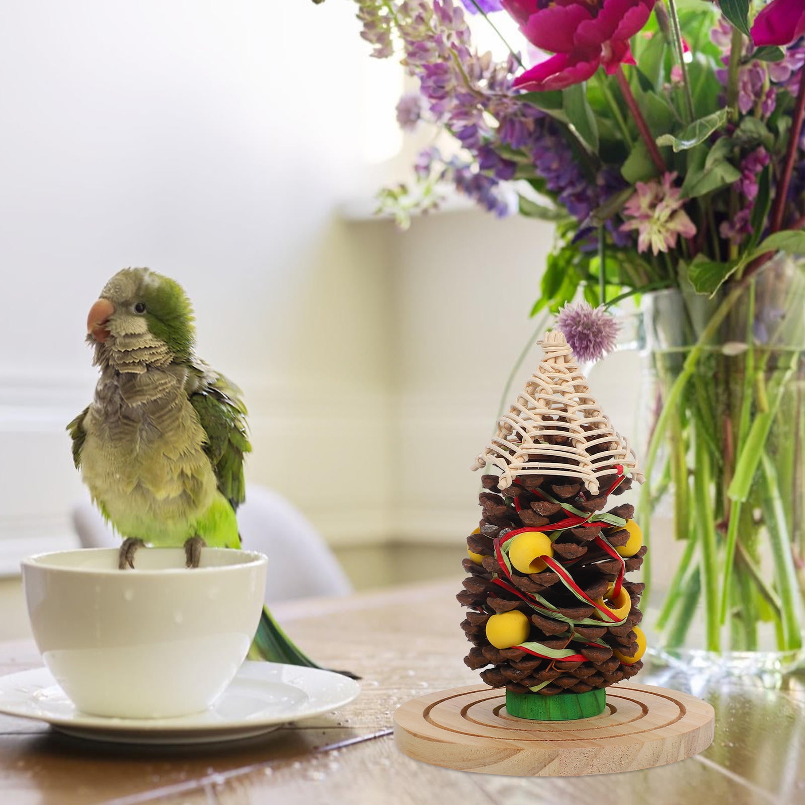 WRITWAA Large Pinecone Bird Chew with Woven Wood for Parakeets and Cockatoos