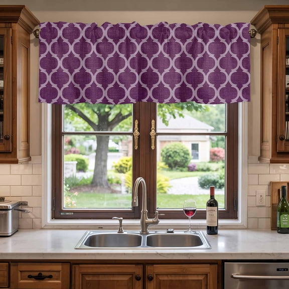 Kitchen Valances for Window, Retro Purple Moroccan Geometric Light Filtering Rod Pocket Valance Curtain, Mid Century Pattern Short Curtains Window Topper for Bedroom Bathroom Living Room 54x18in