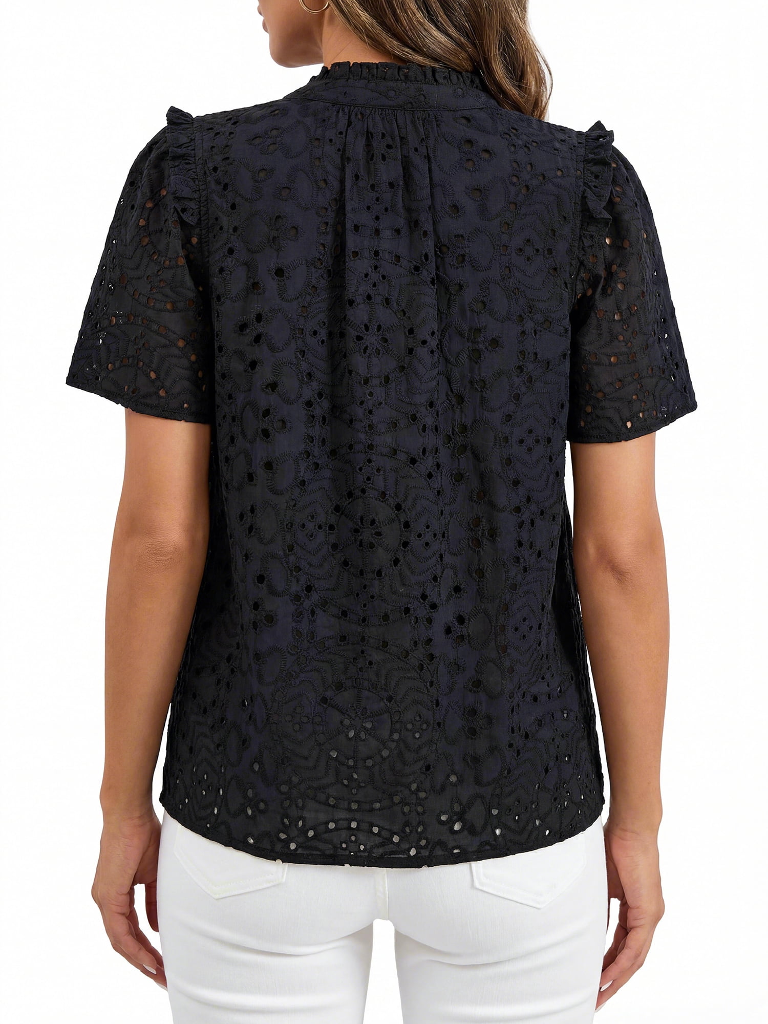 PRETTYGARDEN Women's V Neck Eyelet Short Sleeve Top, Sizes S-XXL