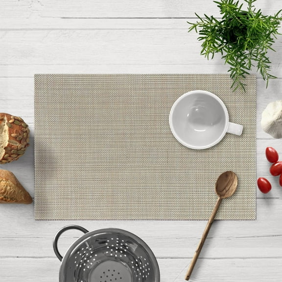 Placemats Set of 4 for Dining Coffee Table Scratch Heat Stain Resistant Anti Skid Kitchen Decor Washable Wipeable Indoor Outdoor Durable Tablemats Vinyl PVC 18x12 Inches - Beige
