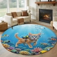 thumbnail image 2 of Ocean Diving Cat Round Area Rugs Collection 5', Coastal Coral Fish Marine Life Non Slip Indoor Circular Throw Runner Rug Floor Mat Carpet for Living Room Dining Table Bedroom Nursery, 2 of 9