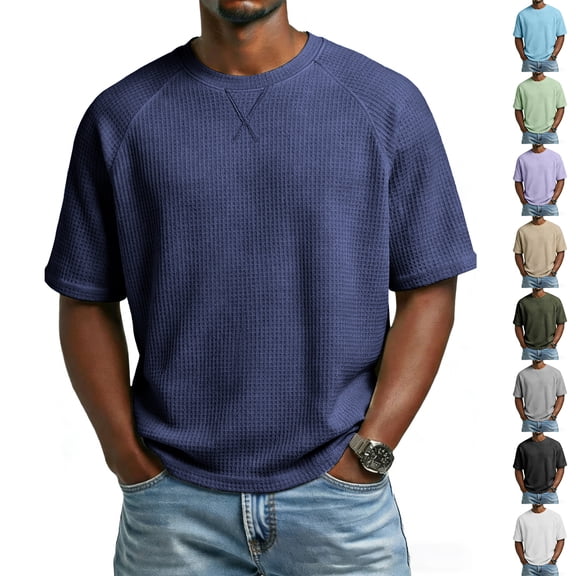 Dresfit Shirts for Men Crew Neck Short Sleeve Shirts 2026 Summer Oversized Waffle Sweatshirts Loose Fit Lapel Big and Tall Basic T Shirts S